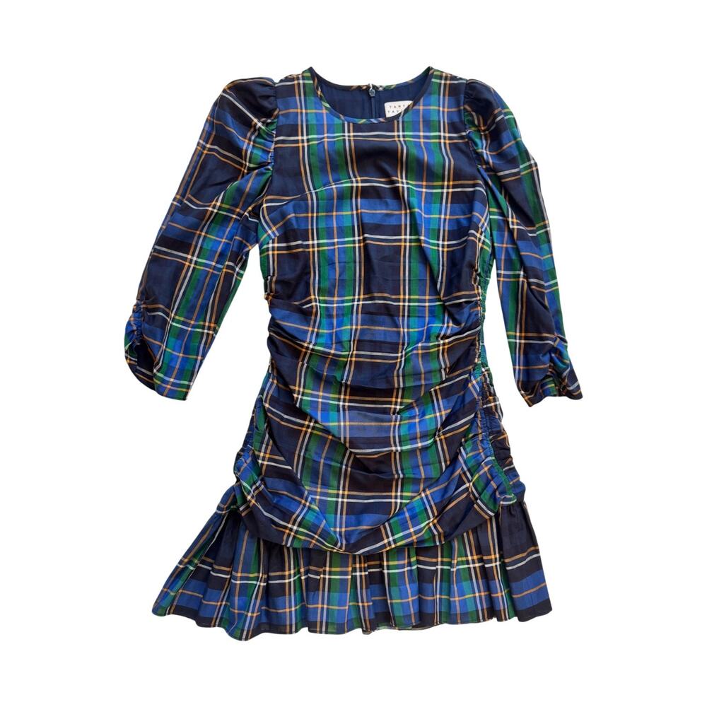 Tanya Taylor Raven Tartan Mini Dress Women’s 8 Ruched Preppy Blue Green Cotton - Picture 2 of 16